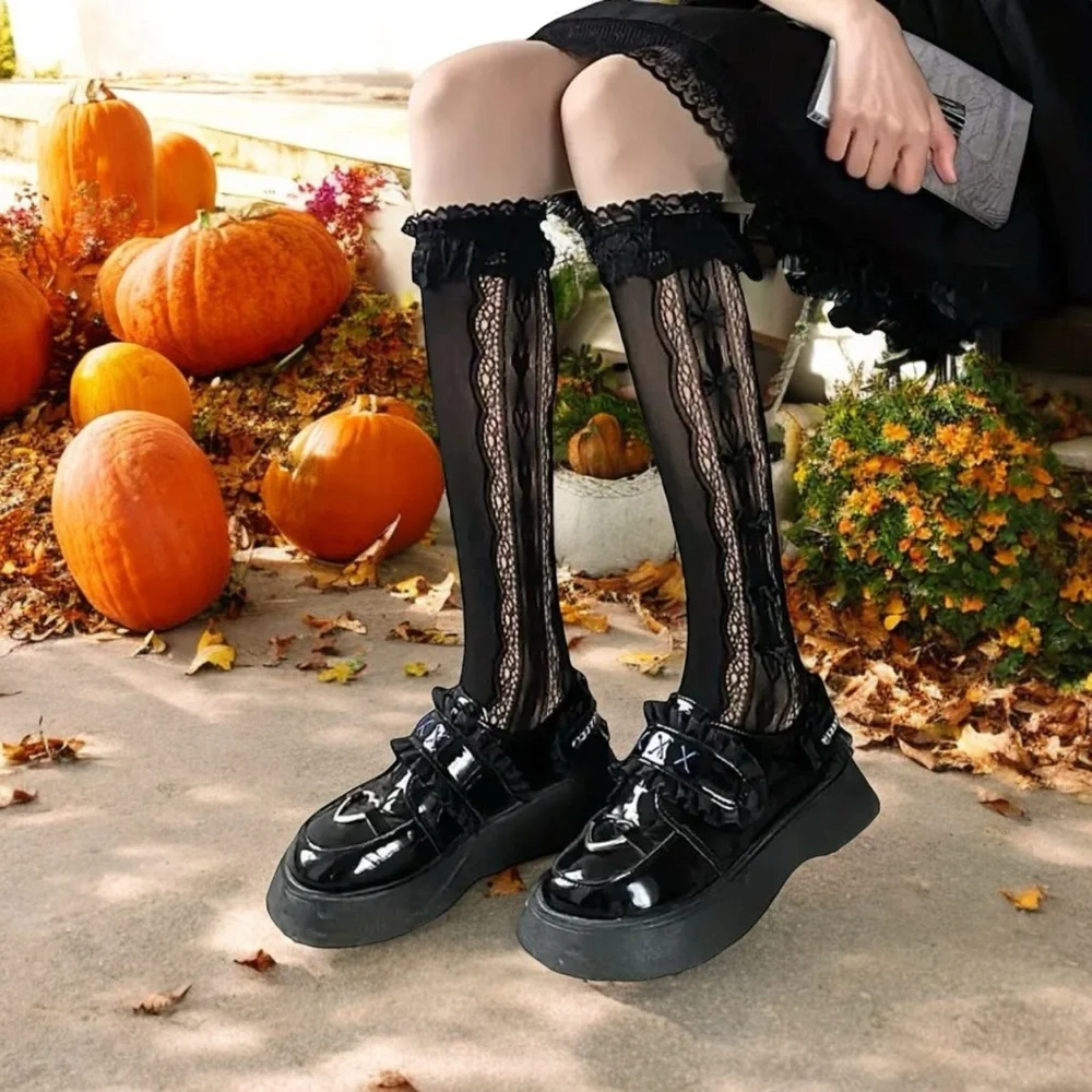 Retro Vintage Style Bow Accent Knee High Socks‎ Flirty Ruffle Trim Soft Lace